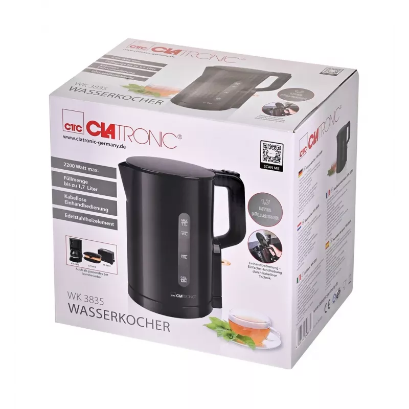 Clatronic WK 3835 belaidis elektrinis virdulys, 1,7 l, 2200 W, juodos spalvos plastikas