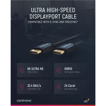 ClickTronic 40994 DisplayPort kabelis 2 m juodas - 4K Ultra HD, auksuoti jungtys, trigubas ekranavimas