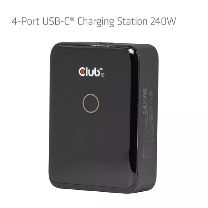 CLUB 3D CAC-1933 4 prievadų USB-C įkrovimo stotelė, 240W GaN PD 3.1, PPS, LED ekranas