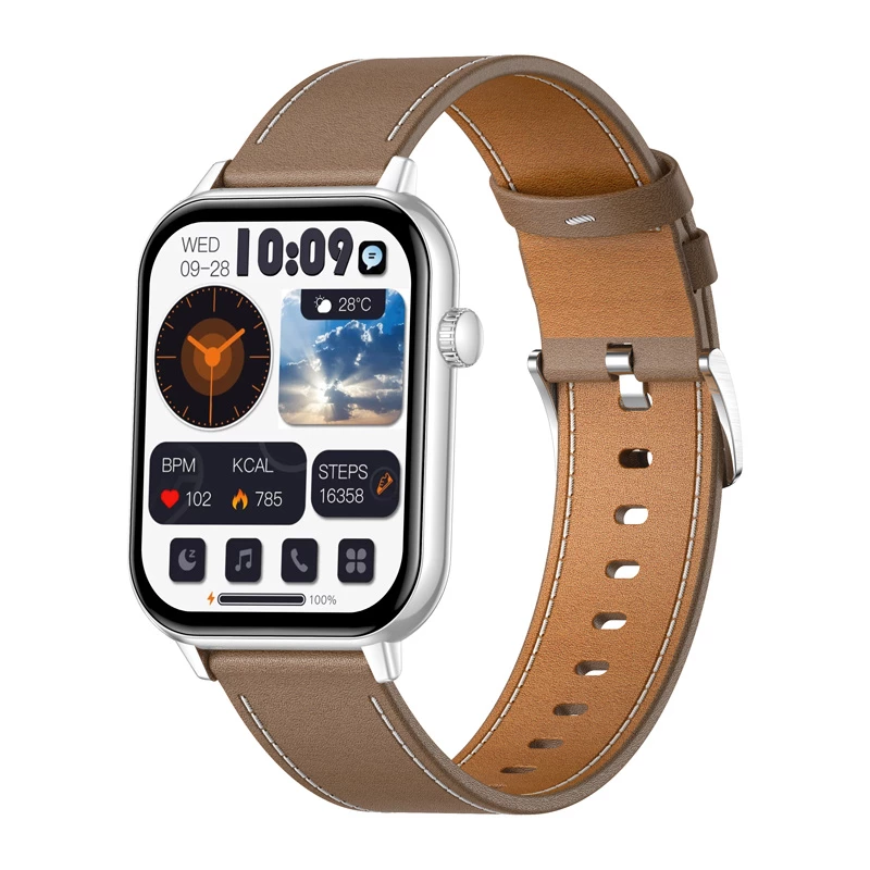 COLMI C28 Smartwatch – Sidabrinis + Ruda odinis dirželis