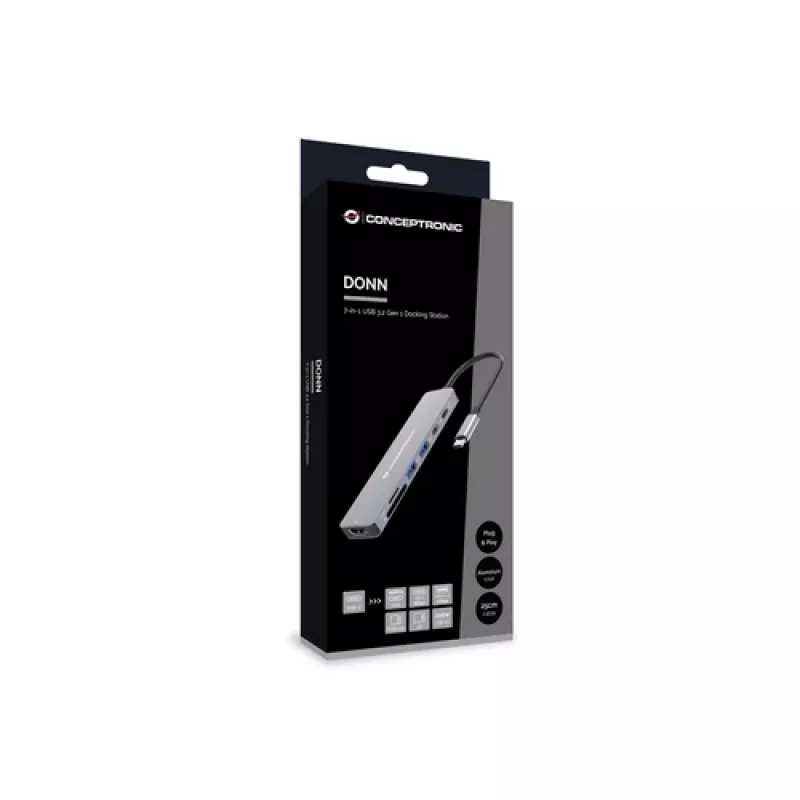 CONCEPTRONIC 7-in-1 USB-C dokavimo stotelė su HDMI, USB-C PD, 2x USB-A, SD ir MicroSD kortelių skaitytuvais, 25 cm laidu, Space Grey