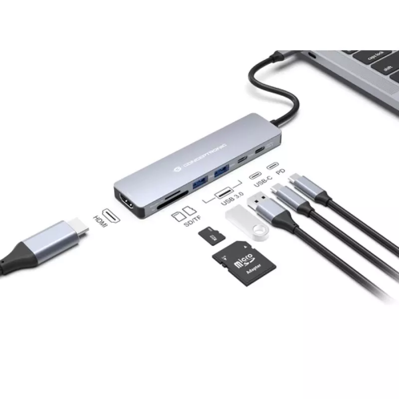 CONCEPTRONIC 7-in-1 USB-C dokavimo stotelė su HDMI, USB-C PD, 2x USB-A, SD ir MicroSD kortelių skaitytuvais, 25 cm laidu, Space Grey