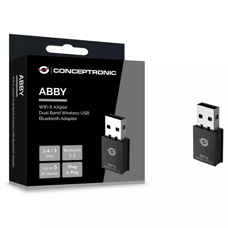Conceptronic ABBY26B WiFi 6 AX900 dviejų juostų USB ir Bluetooth 5.3 adapteris