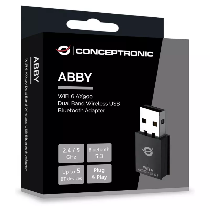 Conceptronic ABBY26B WiFi 6 AX900 dviejų juostų USB ir Bluetooth 5.3 adapteris
