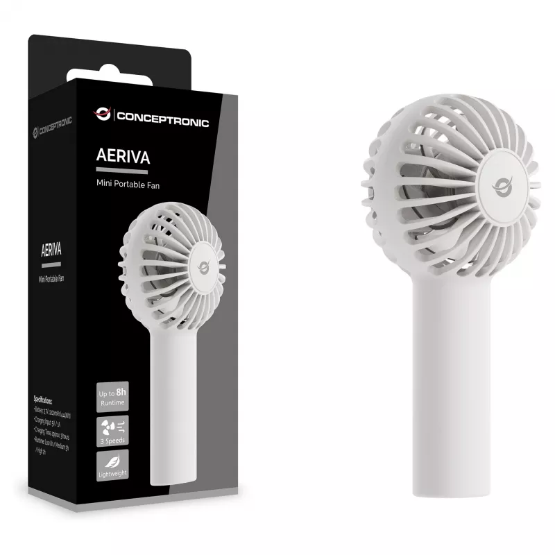 CONCEPTRONIC AERIVA01W Mini nešiojamas ventiliatorius baltas – įkraunamas, 3 greičiai, USB-C
