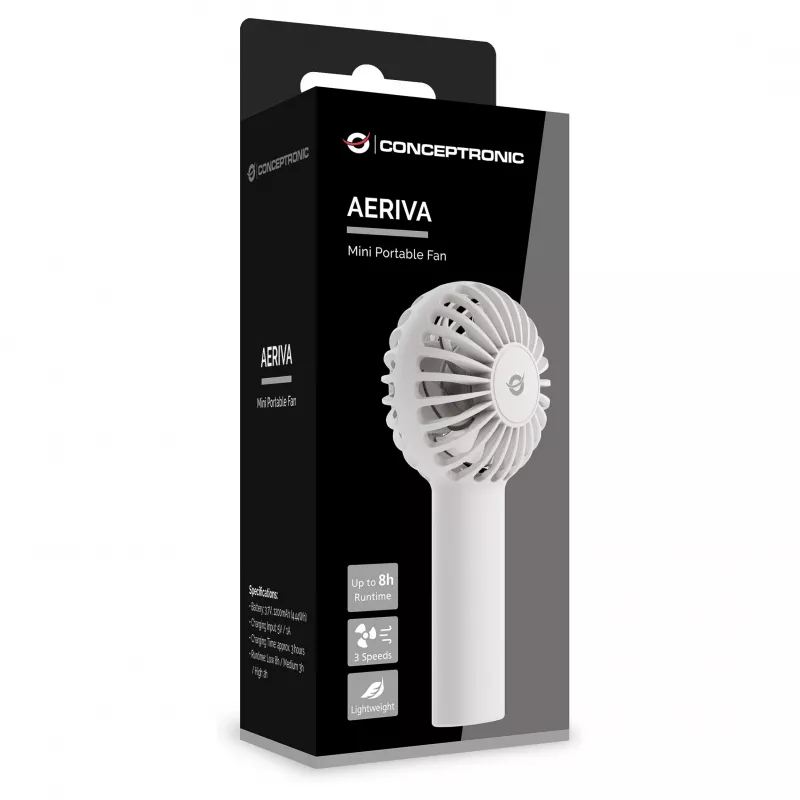 CONCEPTRONIC AERIVA01W Mini nešiojamas ventiliatorius baltas – įkraunamas, 3 greičiai, USB-C
