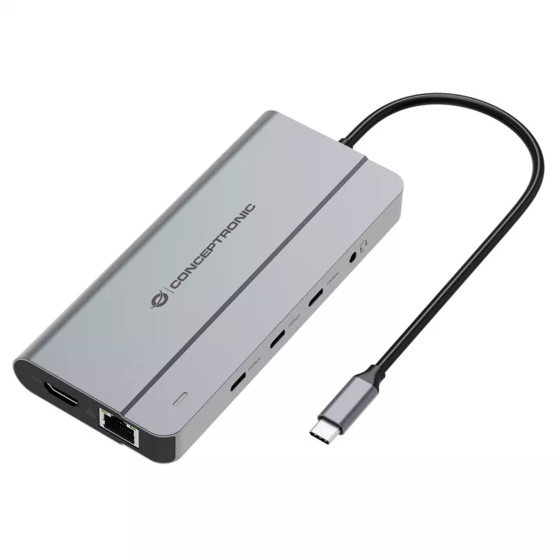 Conceptronic DONN34G 10-in-1 USB 3.2 Gen 2 MST dokavimo stotis, 4K60Hz HDMI, 8K30Hz DisplayPort, GbE, USB-C 10Gbps x 3, USB-A 480Mbps x 2, Audio, 100W USB PD