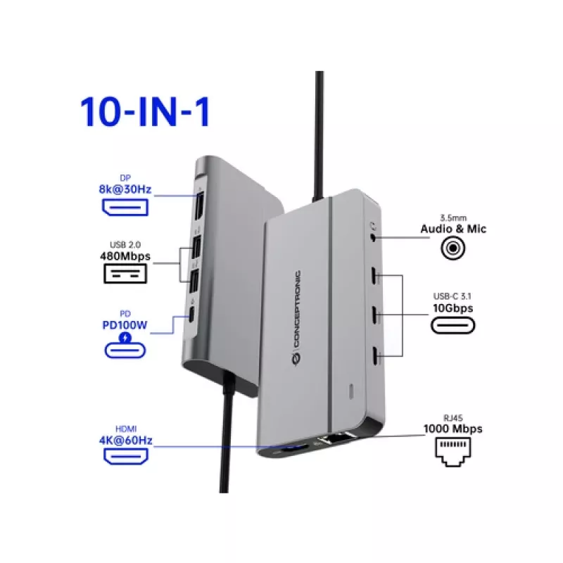Conceptronic DONN34G 10-in-1 USB 3.2 Gen 2 MST dokavimo stotis, 4K60Hz HDMI, 8K30Hz DisplayPort, GbE, USB-C 10Gbps x 3, USB-A 480Mbps x 2, Audio, 100W USB PD