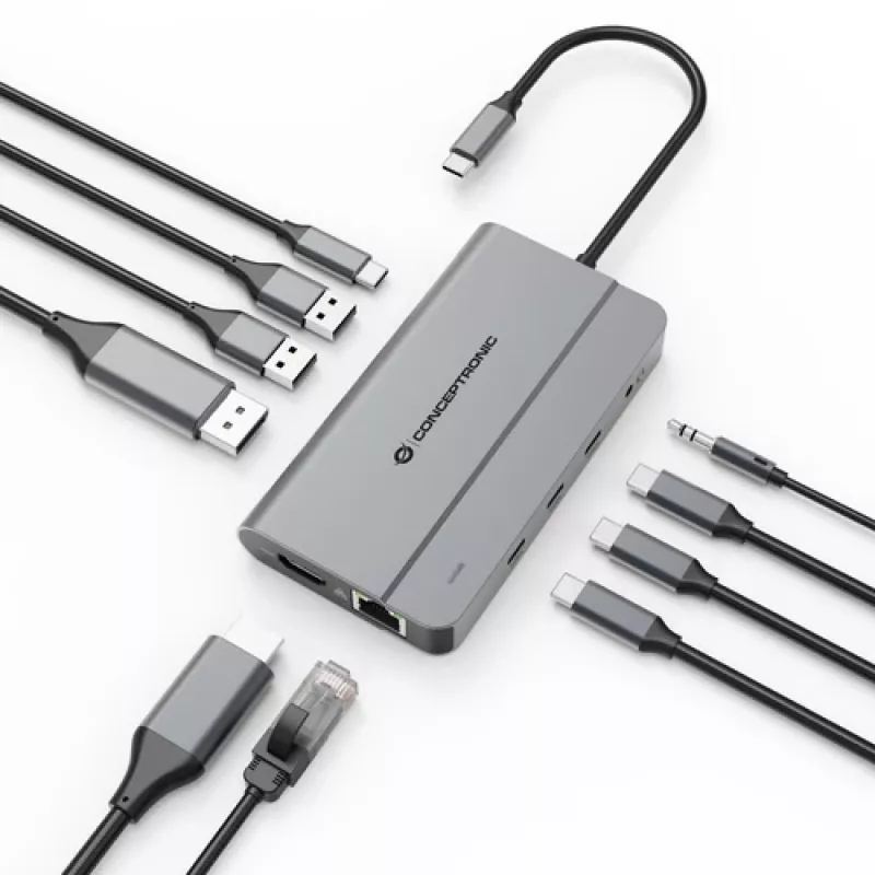 Conceptronic DONN34G 10-in-1 USB 3.2 Gen 2 MST dokavimo stotis, 4K60Hz HDMI, 8K30Hz DisplayPort, GbE, USB-C 10Gbps x 3, USB-A 480Mbps x 2, Audio, 100W USB PD