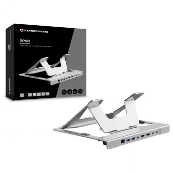 Conceptronic DONN35S nešiojamojo kompiuterio stovas su 7-in-1 USB-C dokavimo stotele, dvigubu HDMI 4K60Hz, GbE, USB-C 5Gbps, 2x USB-A, 100W PD, sidabrinis
