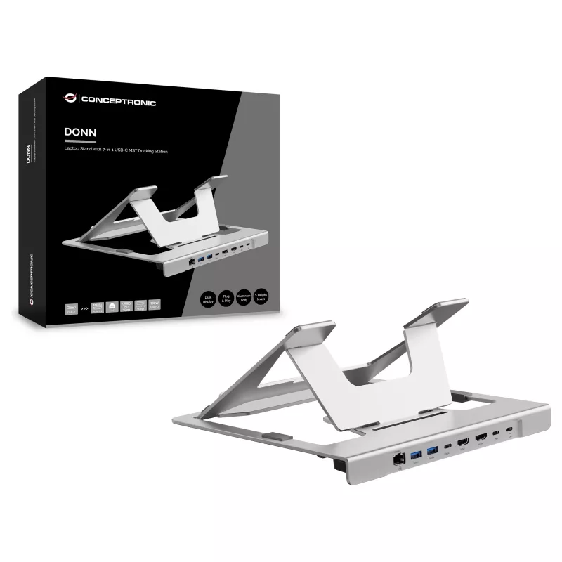 Conceptronic DONN35S nešiojamojo kompiuterio stovas su 7-in-1 USB-C dokavimo stotele, dvigubu HDMI 4K60Hz, GbE, USB-C 5Gbps, 2x USB-A, 100W PD, sidabrinis
