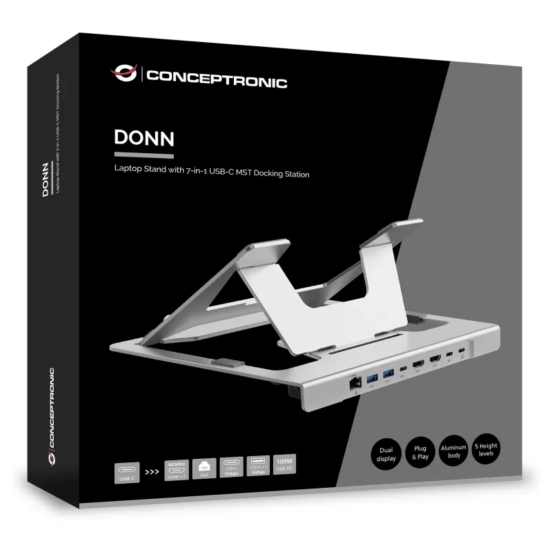 Conceptronic DONN35S nešiojamojo kompiuterio stovas su 7-in-1 USB-C dokavimo stotele, dvigubu HDMI 4K60Hz, GbE, USB-C 5Gbps, 2x USB-A, 100W PD, sidabrinis