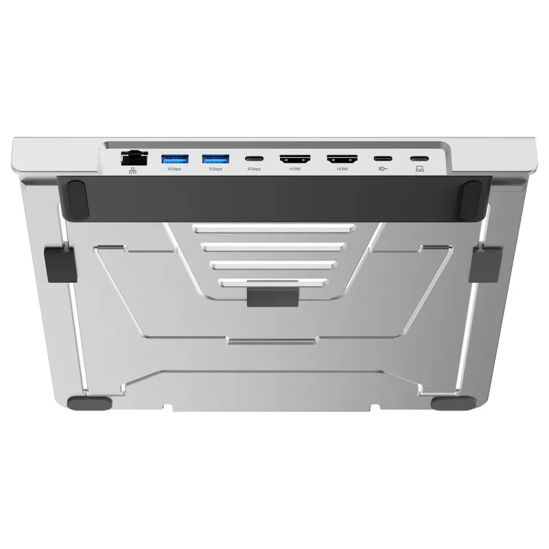 Conceptronic DONN35S nešiojamojo kompiuterio stovas su 7-in-1 USB-C dokavimo stotele, dvigubu HDMI 4K60Hz, GbE, USB-C 5Gbps, 2x USB-A, 100W PD, sidabrinis