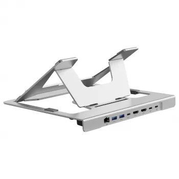 Conceptronic DONN35S nešiojamojo kompiuterio stovas su 7-in-1 USB-C dokavimo stotele, dvigubu HDMI 4K60Hz, GbE, USB-C 5Gbps, 2x USB-A, 100W PD, sidabrinis