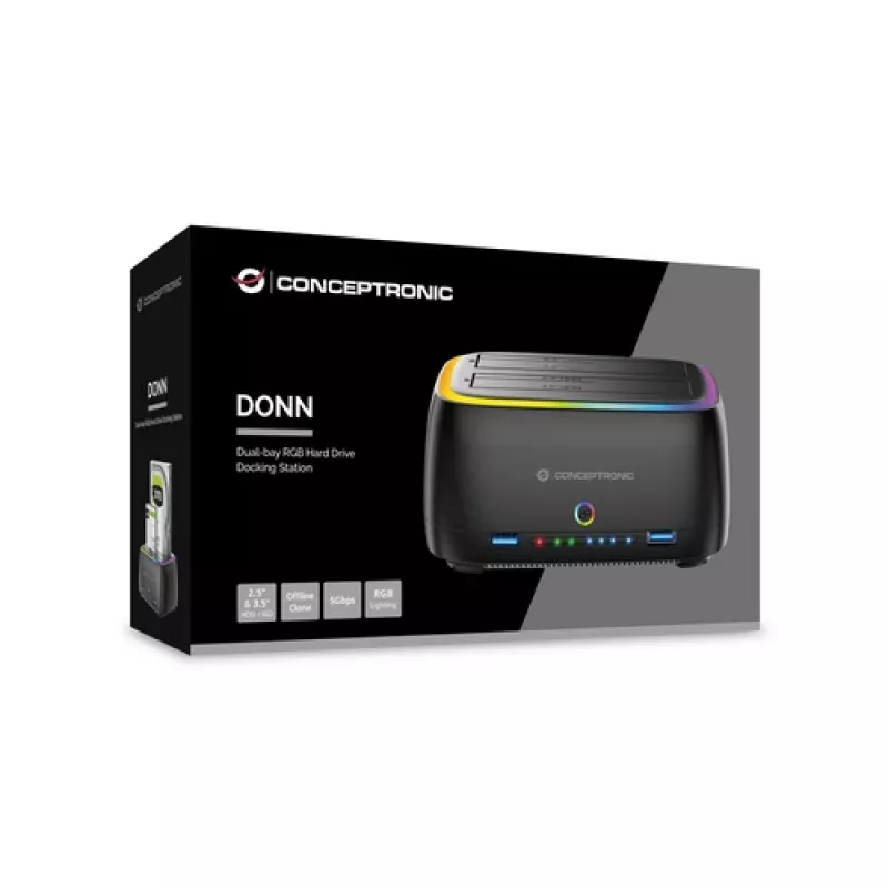 Conceptronic DONN36B 2 vietų SATA HDD/SSD dokų stotelė, USB 3.0, 2x USB-A, juoda