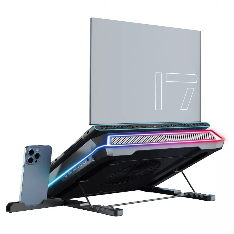 Conceptronic THYIA03B USB-C nešiojamojo kompiuterio aušinimo padėklas su išmaniojo telefono laikikliu, RGB, 12V