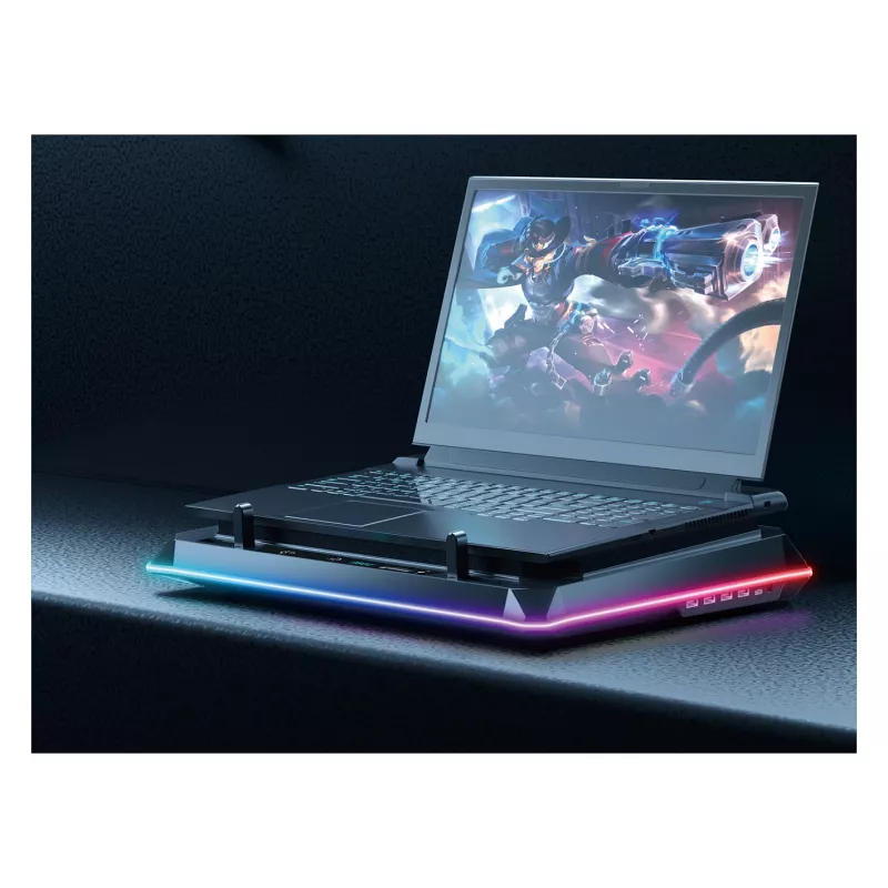 Conceptronic THYIA04B USB-C nešiojamojo kompiuterio aušinimo padėklas su telefono laikikliu, 130 mm, dvigubi 125 mm ventiliatoriai, mėlynas LED, iki 17 inch