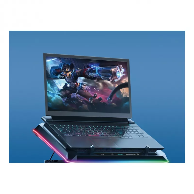 Conceptronic THYIA04B USB-C nešiojamojo kompiuterio aušinimo padėklas su telefono laikikliu, 130 mm, dvigubi 125 mm ventiliatoriai, mėlynas LED, iki 17 inch