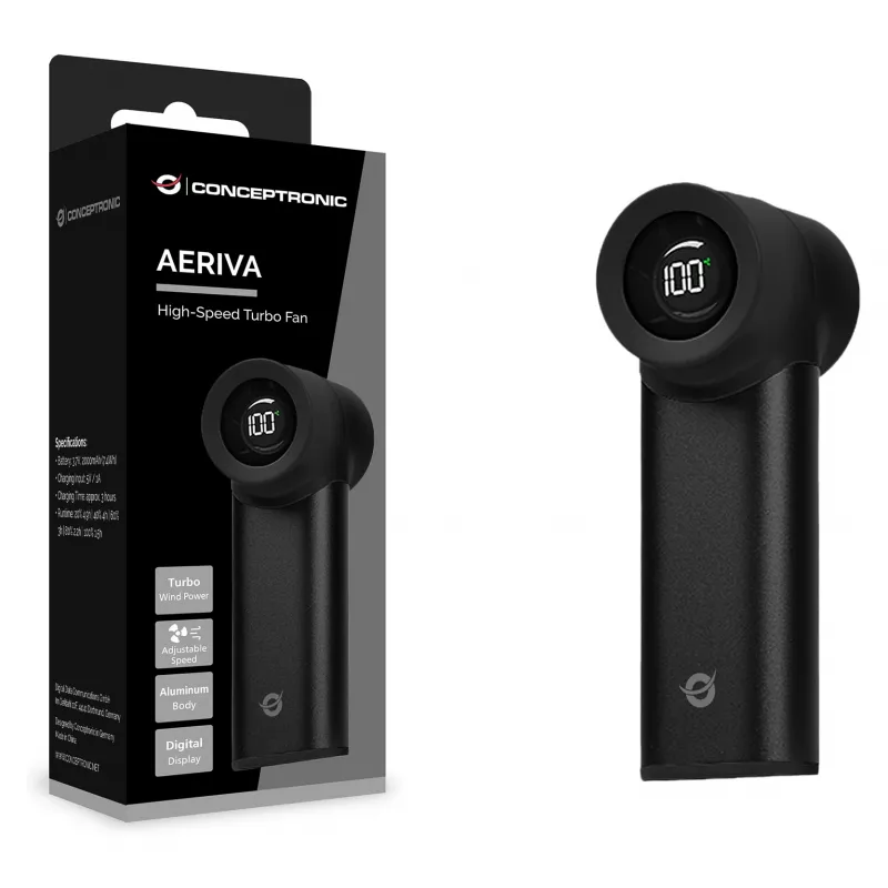 CONCEPTRONIC Turbo Handheld Fan Juoda USB-C to USB-A Aliuminis 5V 3-Speed Rechargeable 2000mAh