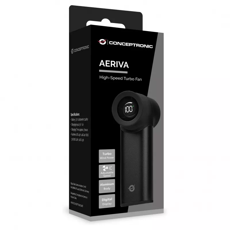 CONCEPTRONIC Turbo Handheld Fan Juoda USB-C to USB-A Aliuminis 5V 3-Speed Rechargeable 2000mAh