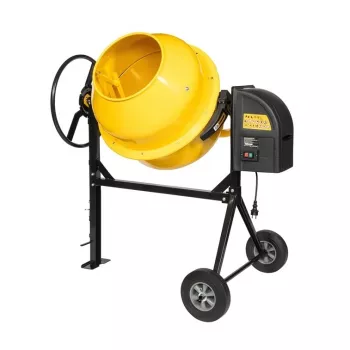 Betono maišyklė 180L HCM650 850W elektrinė su plieniniu būgnu, ketaus krumpliaračio žiedu, IP44, 2 tvirtais guminiais ratais, rankiniu pakreipimo mechanizmu