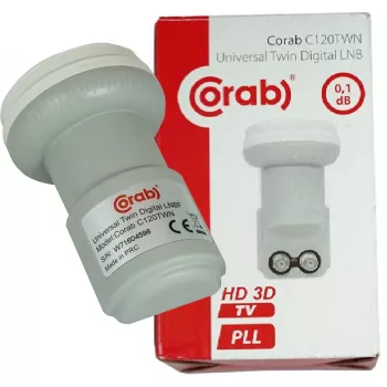 CORAB C120TWN Twin LNB keitiklis – 2 išėjimai, 40 mm feedhorn, žemas triukšmas 0,1 dB, atsparus orams F-Type