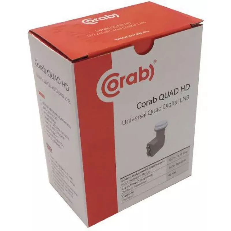 CORAB Universal Quad LNB – 4 išėjimai, 0,1 dB triukšmo rodiklis, 40 mm apšvieta