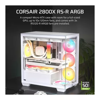 CORSAIR 2800X RS-R ARGB Micro-ATX Dual Chamber Cube Case, White, su Panoramic Tempered Glass ir 2x LL120 RGB ventiliatoriais