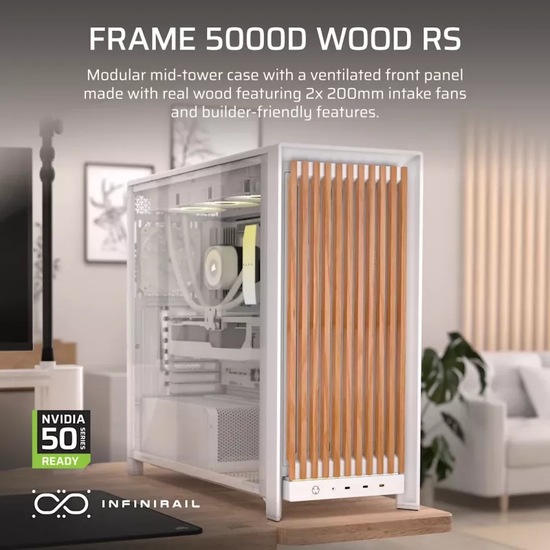 Corsair FRAME 5000D WOOD RS Vidutinio bokšto PC korpusas, Baltas/Riešutmedis, Grūdintas stiklas, ATX, E-ATX, Micro-ATX, Mini-ITX, Plienas/Plastikas, Žaidimams