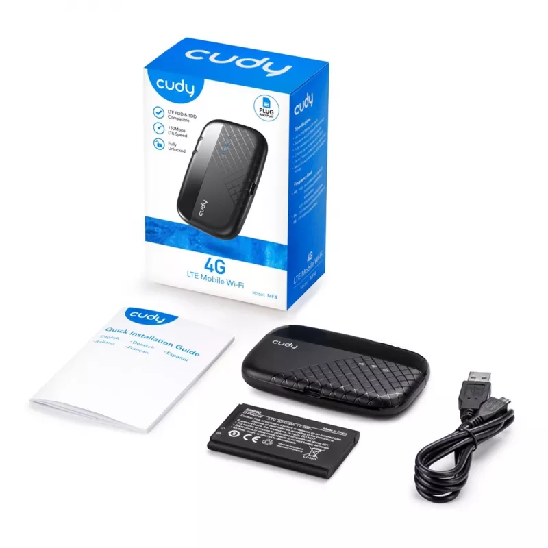 Cudy MF4 4G LTE mobiliojo interneto maršrutizatorius, 300 Mbps vienos juostos 2.4 GHz, iki 10 įrenginių, 2000 mAh baterija, juoda