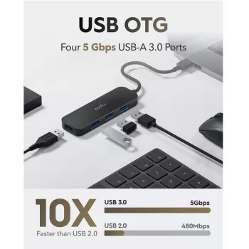 Cudy UH40A PortMate USB-A į 4 prievadų USB 3.0 šakotuvas 5Gbps, tik duomenims, plastikinis, kompaktiškas, juodas