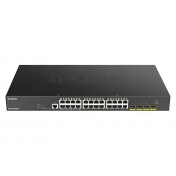 D-Link DGS-1250-28XMP 28 prievadų išmanusis valdomas L3 Lite PoE+ Gigabitinis komutatorius su 4x 10G SFP+ uplink, 370W PoE biudžetu, montuojamas į stelažą