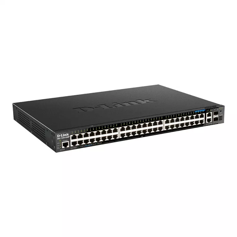 D-Link DGS-1520-52MP 52 prievadų Gigabit PoE+ valdomas jungiklis su 4 SFP+ 10G aukštupio prievadais, montuojamas į stelažą