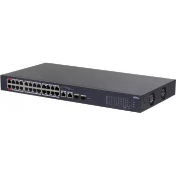 DAHUA CS4226-24ET-375 26 prievadų Layer 2+ valdomas PoE+ komutatorius su 24 Gigabit PoE+ prievadais, 2 SFP jungtimis, 375W biudžetu, be ventiliatoriaus, skirtas montavimui į stelažą