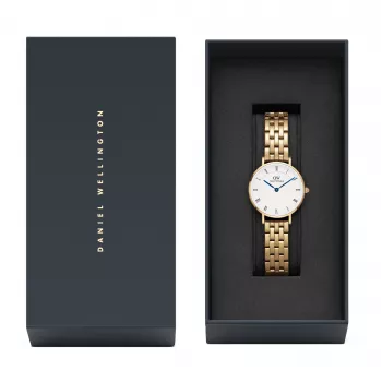 DANIEL WELLINGTON Petite Lumine moteriškas laikrodis 28 mm rožinio aukso tinklelio apyrankė DW00100682