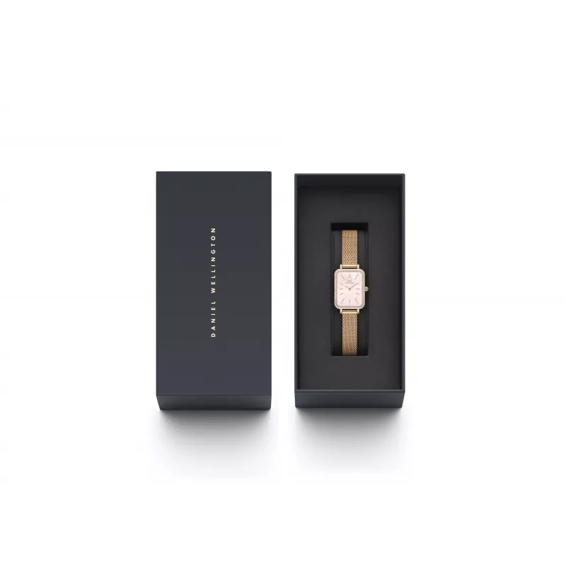 DANIEL WELLINGTON Quadro moteriškas laikrodis DW00100669 - 20mm rožinio aukso korpusas, juodas odinis dirželis