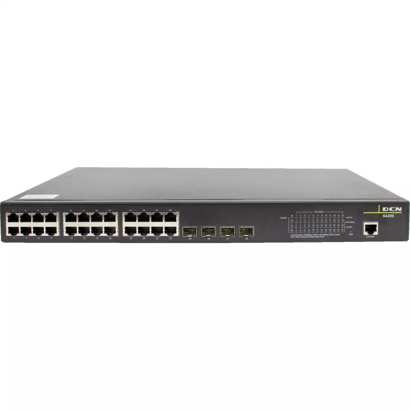 DCN S4200-28P-PL-SI-R2 valdomas 2 lygio PoE+ komutatorius, 24x Gigabit PoE+ prievadai, 4x SFP, 200 W