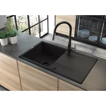 DEANTE 1-Bowl Granite Sink with Drainer - Onyx Black, 620x500mm