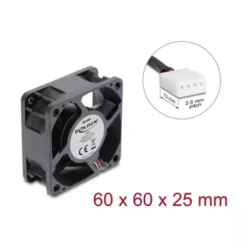 Delock Axial Fan 48 V DC, 60 x 60 x 25 mm su 4 kontaktų PWM ventiliatoriaus jungtimi, juodos spalvos