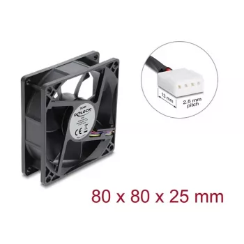 Delock ašinis ventiliatorius 48 V DC, 80 x 80 x 25 mm su 4 kontaktų PWM jungtimi, juodos spalvos