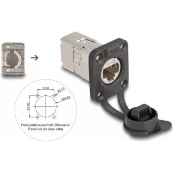 Delock D-Type RJ45 skydinė jungtis Cat.6A STP su LSA montavimu ir IP66 apsauginiu dangteliu