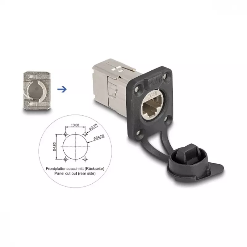 Delock D-Type RJ45 skydinė jungtis Cat.6A STP su LSA montavimu ir IP66 apsauginiu dangteliu