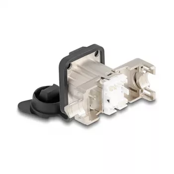 Delock D-Type RJ45 skydinė jungtis Cat.6A STP su LSA montavimu ir IP66 apsauginiu dangteliu