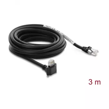 Delock GigE Camera Cable Cat.6 S/FTP 3m, RJ45 90° Angled Plug with Screws (28mm) į RJ45 Straight Plug, juodos spalvos