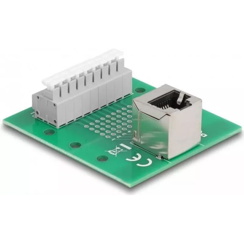 Delock RJ45 lizdas į gnybtų bloką su mygtuku DIN bėgiui, kampuotas (66993)