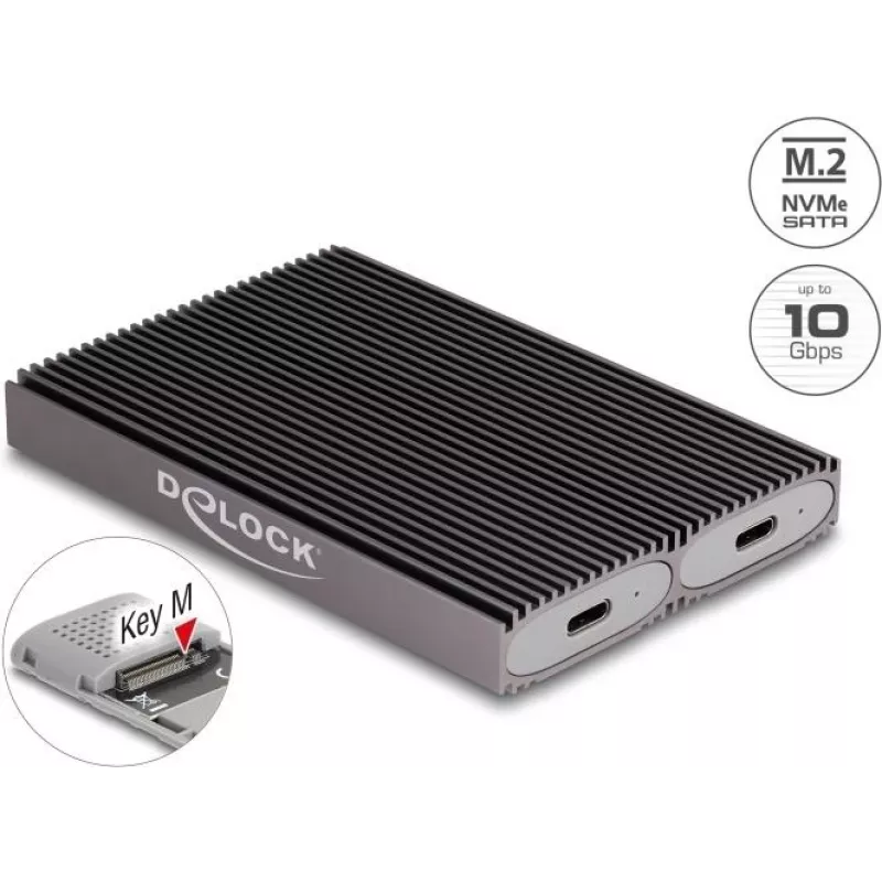Delock USB Type-C dvigubas kombinuotas korpusas 2 x M.2 NVMe PCIe arba SATA SSD - be įrankių