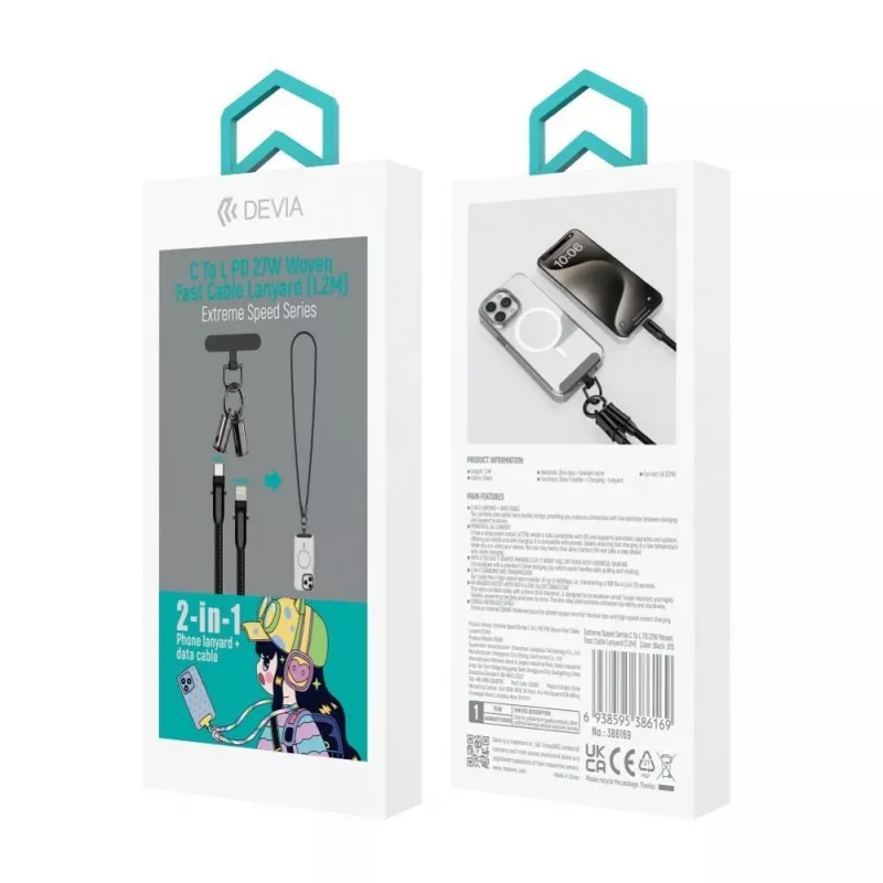 Devia 2-in-1 USB-C to Lightning Cable Lanyard 1,2m 27W Black