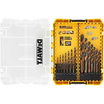 DEWALT DT70755-QZ HSS-G metalo grąžtų rinkinys, 10 dalių, 1/4 colio šešiabriaunis kotas, 135° skeltas smaigalys, DIN 338, TSTAK Tough Case