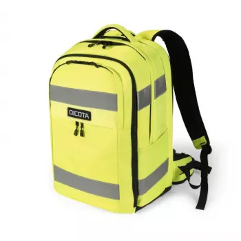 DICOTA Backpack HI-VIS 32-38 Litre, juoda su neon geltonais akcentais, perdirbtas PET, atsparus vandeniui, 15.6 inch nešiojamojo kompiuterio skyrius
