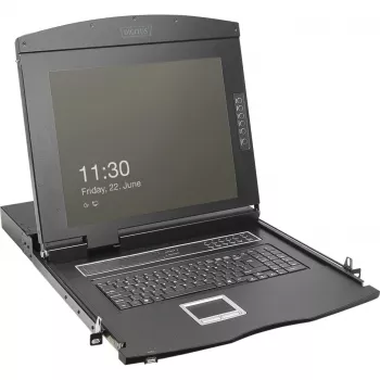 DIGITUS Modular 19 colių HD LCD KVM konsolė su 8 prievadų HDMI KVM jungikliu, jutikliniu kilimėliu, vokiška klaviatūros išdėstymu